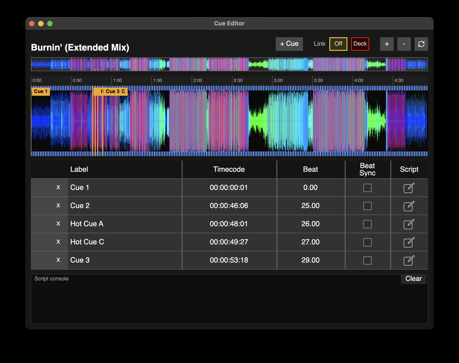 Player's cue editor with cues placed on the waveform