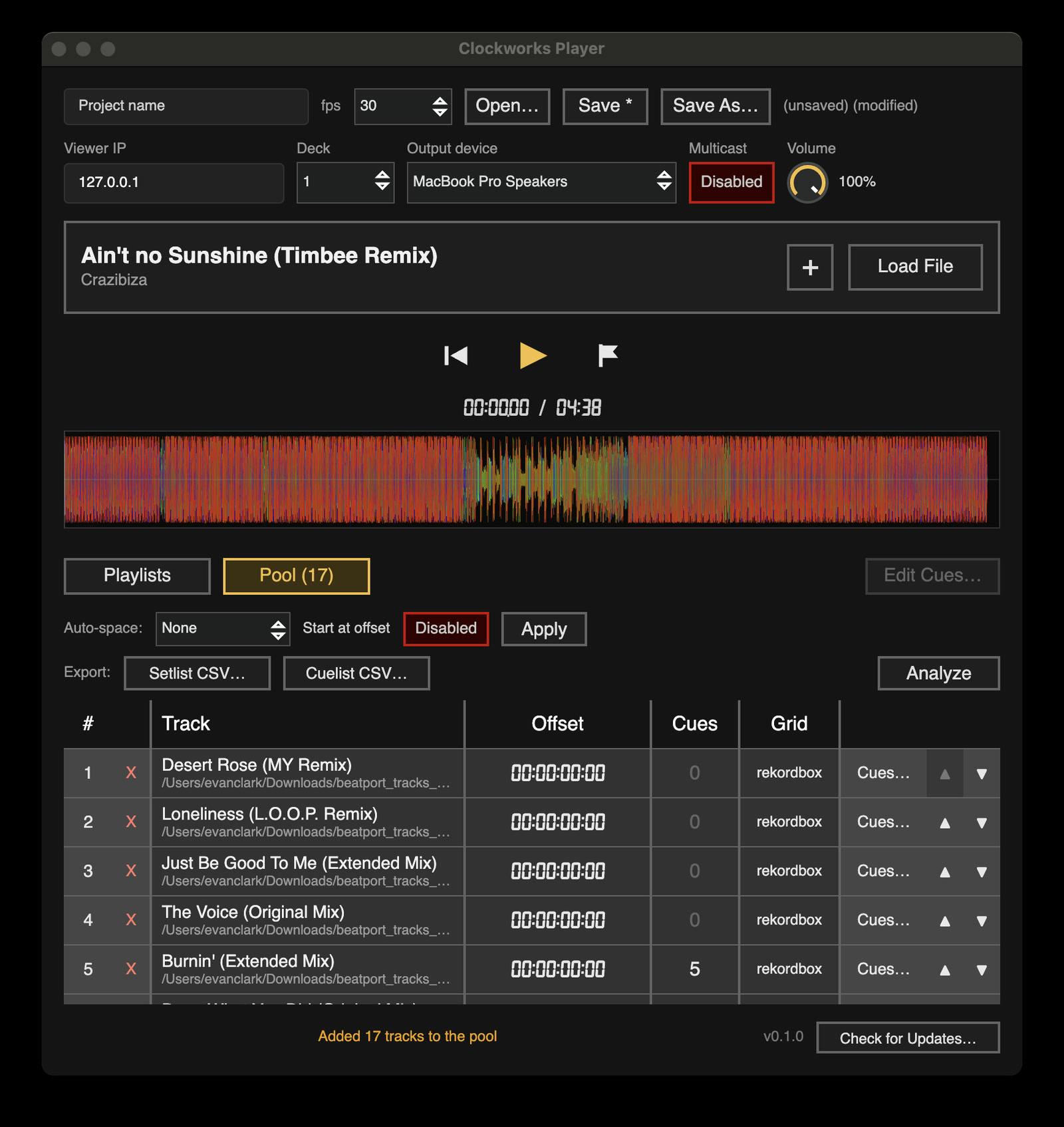 Clockworks Player with a track loaded and a pool of tracks with offsets, cues, and beat grids