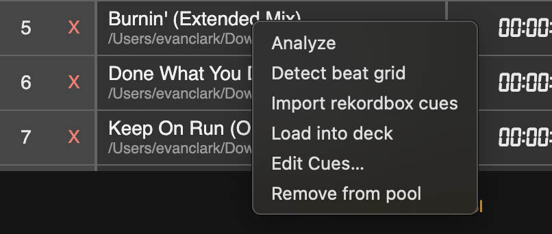 Right-click menu on a pool track: Analyze, Detect beat grid, Import rekordbox cues, Load into deck, Edit Cues, Remove from pool