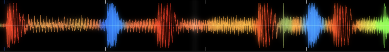 Clockworks RGB waveform showing frequency content mapped to color across a full track